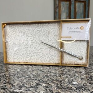 Celebrate It White Lace Guestbook and Silver Pen Set NWT